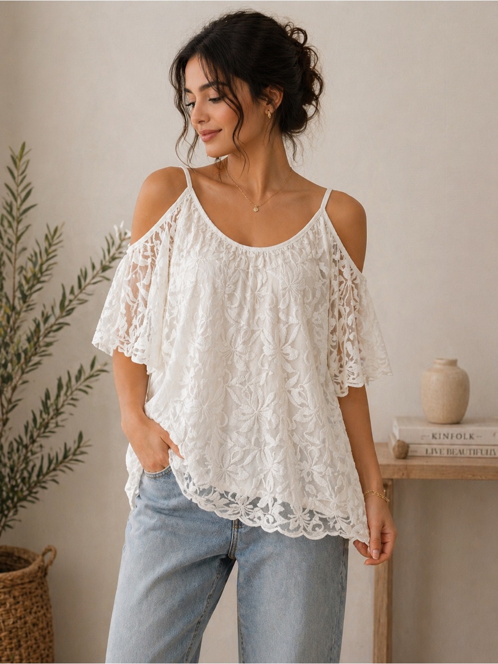 White Lace Cold-Shoulder Floral Blouse MADE IN ITALY